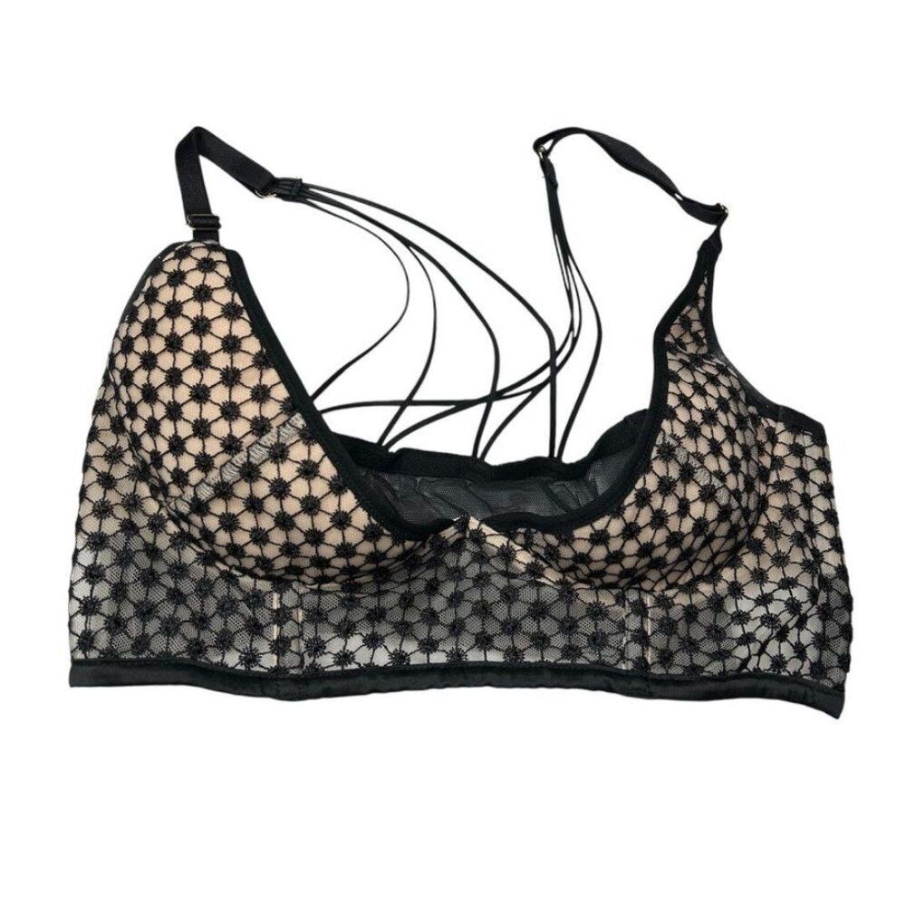 Victoria's Secret Black Lace scoop neck bra 34D strappy back Polka Dots